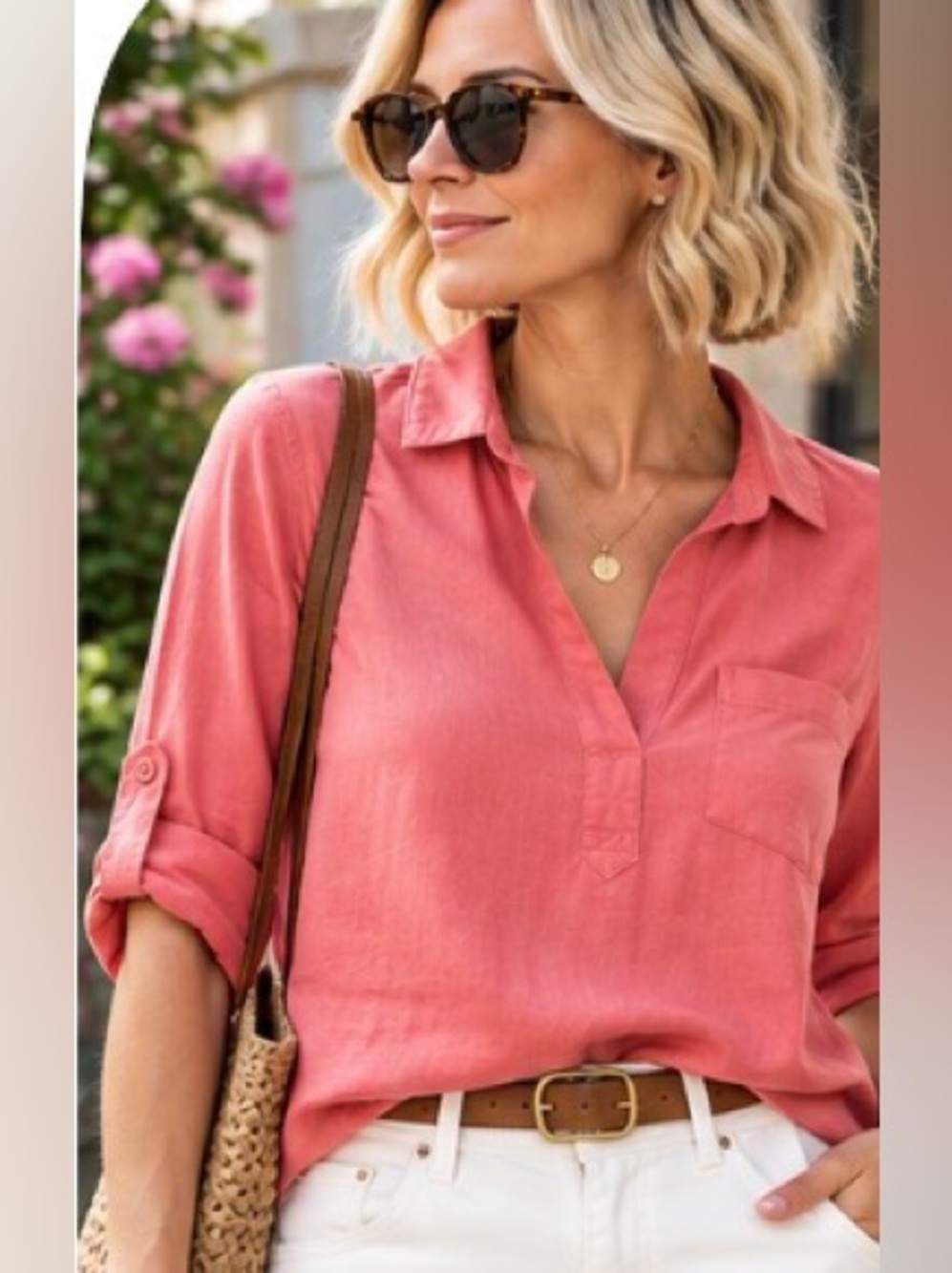 Saint Tropez West Melon Pink Linen Cotton Tunic Blouse Size M
